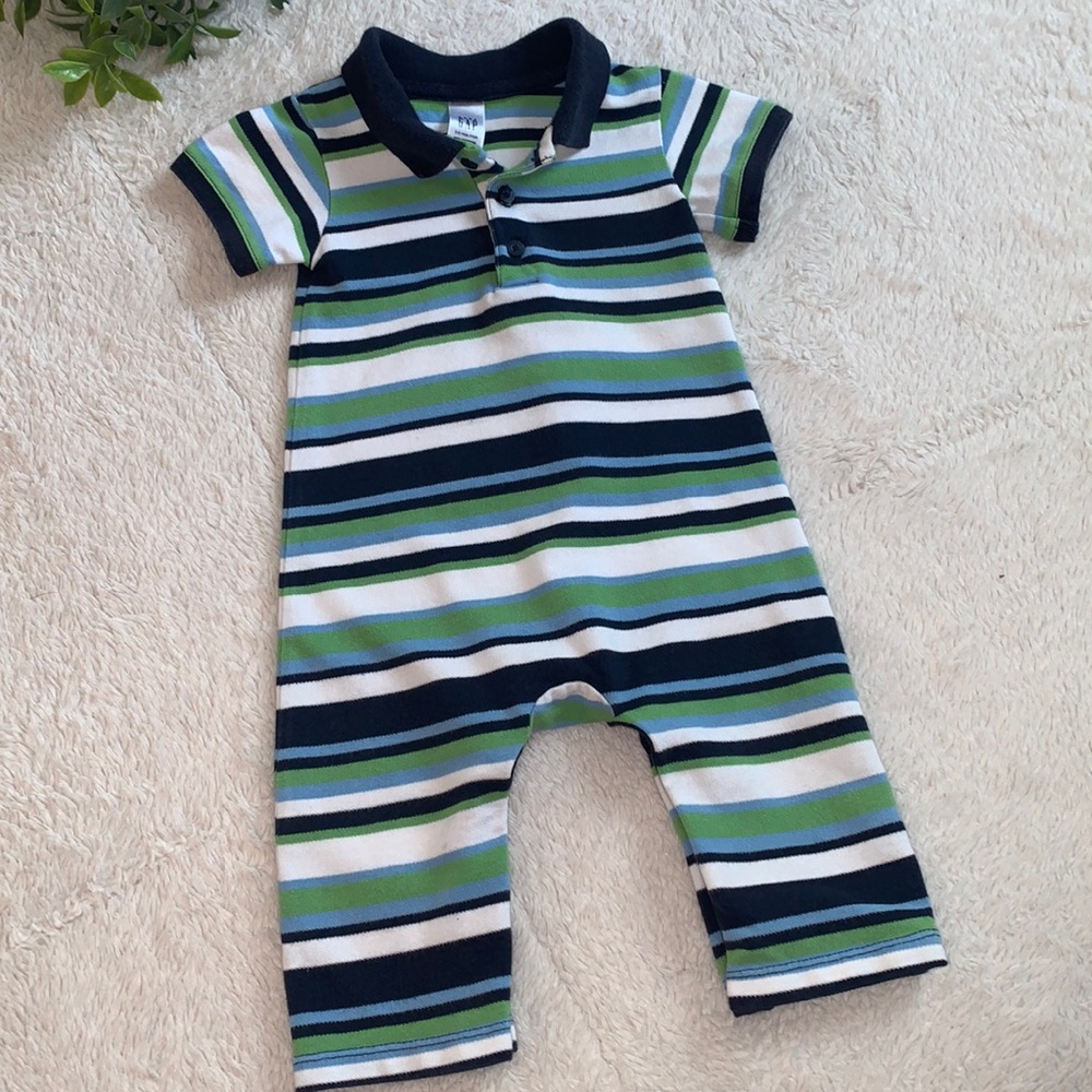 GAP Blue Green White Striped Romper 3-6M Baby Boy EUC one piece